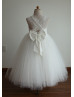 Ivory Cotton Tulle Tea Length Cross Back Flower Girl Dress